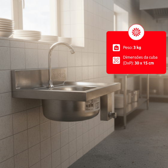 Lavatório em Aço Inox 43x45 Cuba 30x15 Com Acionamento no Joelho Imeca