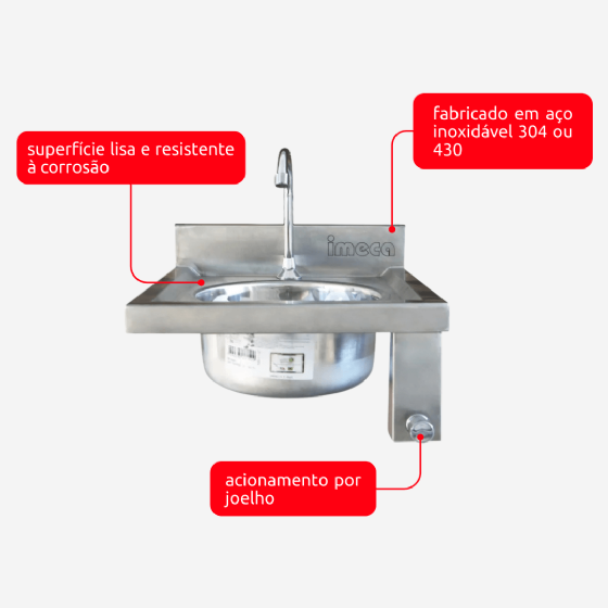 Lavatório em Aço Inox 43x45 Cuba 30x15 Com Acionamento no Joelho Imeca