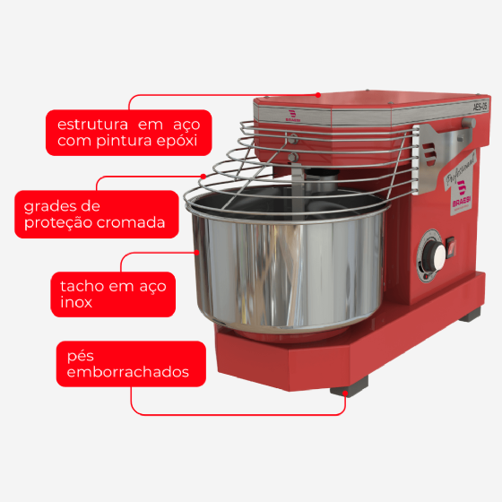 Amassadeira Espiral 05 kg AES-05 10 Velocidades Vermelha Bivolt Braesi