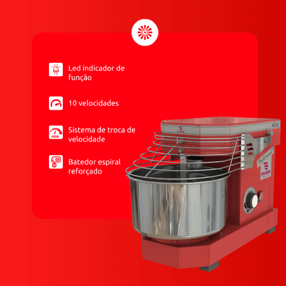 Amassadeira Espiral 05 kg AES-05 10 Velocidades Vermelha Bivolt Braesi