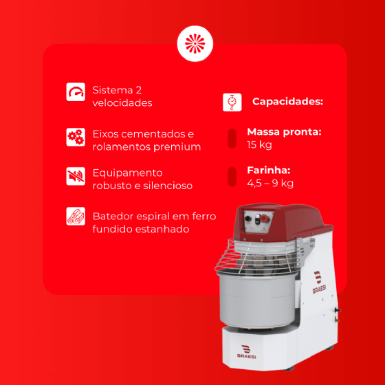 Amassadeira Espiral 2 Velocidades 15 kg AES 15/1 G3 220v Braesi
