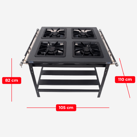 Fogão Industrial 4 Bocas Duplas Grelha 40x40 Baixa Pressão Metal Brey