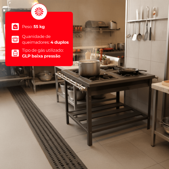 Fogão Industrial 4 Bocas Duplas Grelha 40x40 Baixa Pressão Metal Brey
