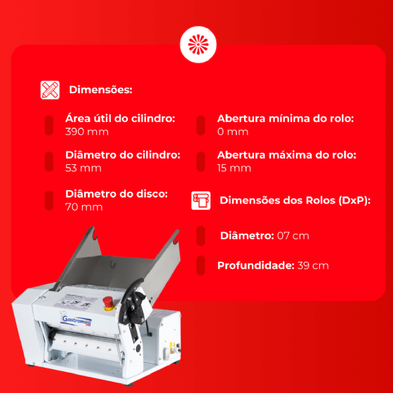 Cilindro Laminador CLI 390 Bandeja Inox de Bancada Bivolt Gastromaq