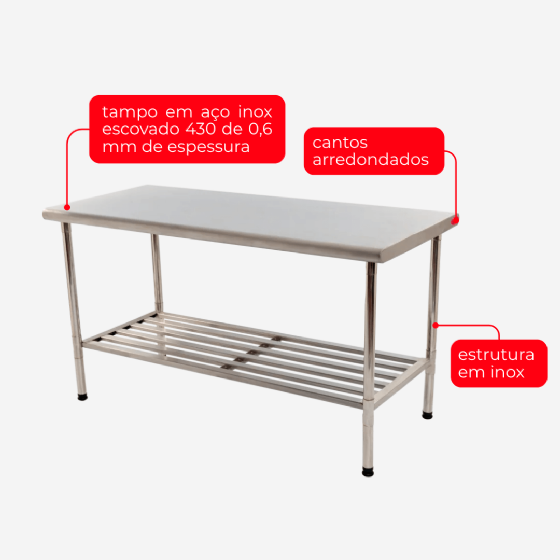 Mesa de Trabalho 190 x 70  Total Inox 430 Desmontável Imeca