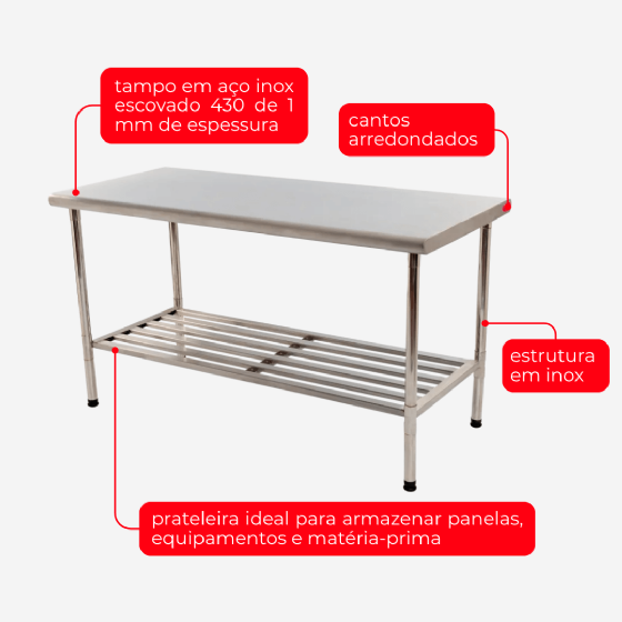 Mesa de Trabalho 150 x 70  Total Inox 430 Desmontável Imeca