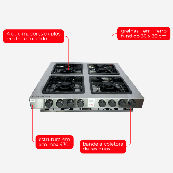 Fogão Industrial De Embutir Aço Inox 4 Bocas Duplas ACFI-3404 Baixa Pressão Araceba