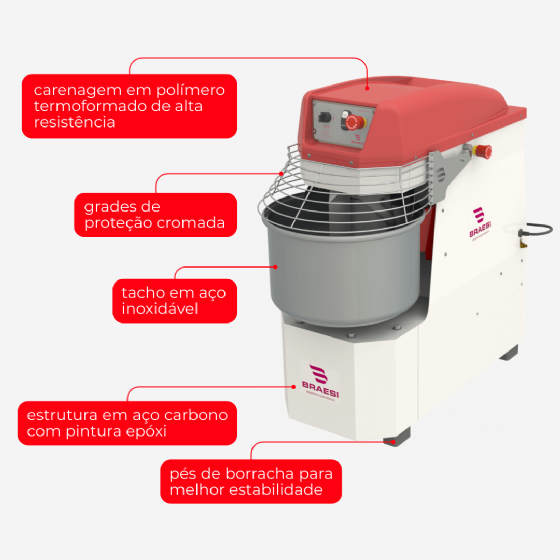 Amassadeira Espiral 25 kg AES-25/1 Trifásica 220v Braesi