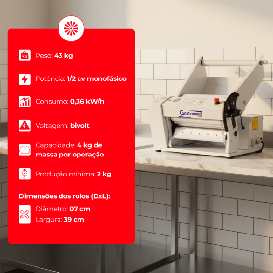Cilindro Laminador CL 390 Bandeja Epóxi de Bancada Bivolt Gastromaq