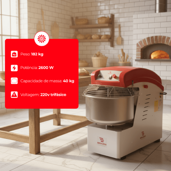 Amassadeira Espiral 40 kg AES 40/1 G3 2 Velocidades 220v Trifásico Braesi