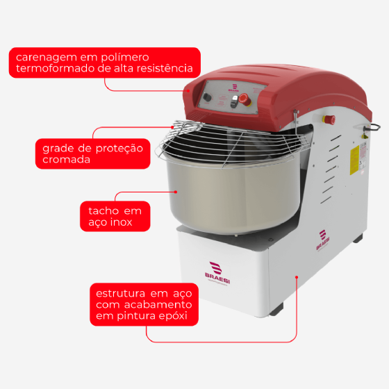 Amassadeira Espiral 40 kg AES 40/1 G3 2 Velocidades 220v Trifásico Braesi