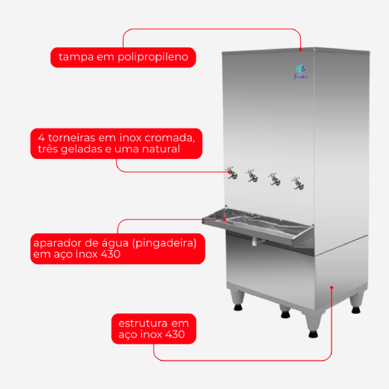 Bebedouro Industrial de Coluna 3 Geladas 1 Natural Inox 200 Litros 220v Frisbel