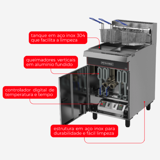 Fritadeira a Gás Industrial 45 Litros Zona Fria de Óleo FOG 3 C 220v Metalcubas