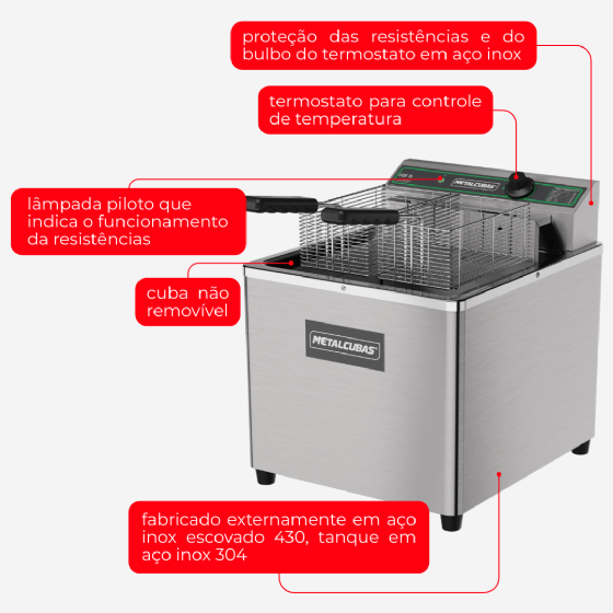 Fritadeira Industrial Metalcubas FOE 15 M 220V - Zona Fria 15L 5500W Inox 304 - Alta Produtividade Food Service
