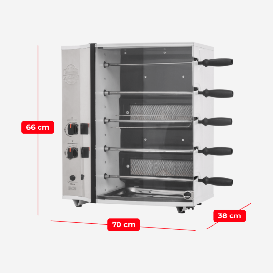 Assador a Gás Industrial Hidro 5 Espetos Giratórios - Inox Bivolt