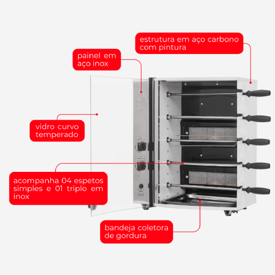 Assador a Gás Industrial Hidro 5 Espetos Giratórios - Inox Bivolt