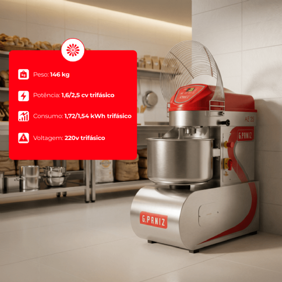 Amassadeira Espiral 2 Velocidades Inox AE 25 G2 Trifásico 220v G Paniz