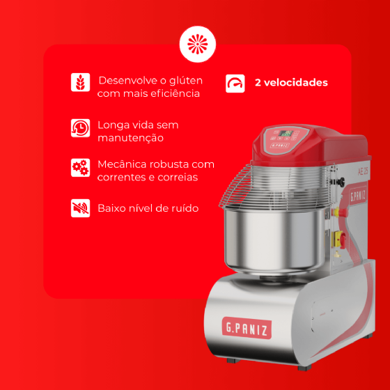 Amassadeira Espiral 2 Velocidades Inox AE 25 G2 Trifásico 220v G Paniz