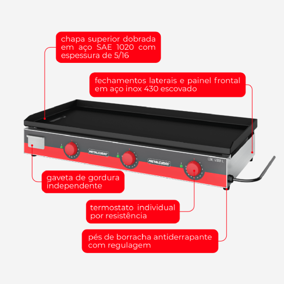 Chapa Bifeteira Elétrica 120 cm CBE 1200 L 220v Metalcubas