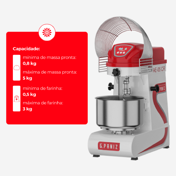 Amassadeira Espiral 3 Velocidades Cuba Removível Epóxi 05 kg AE 05 CR G2 220v G Paniz