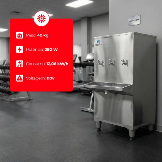 Bebedouro Industrial de Coluna 3 Torneiras Geladas 100 Litros Inox 110v Frisbel