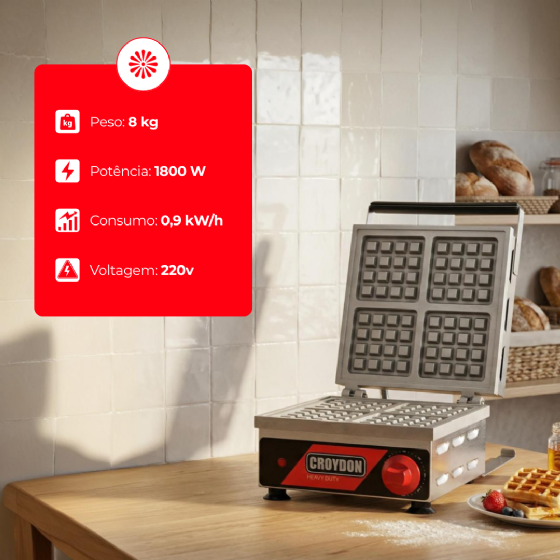 Máquina de Waffle Quadrada Simples Waffleira MWQS 220v Croydon