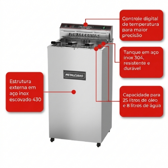 Fritador Água e Óleo Elétrico 25 Litros De Pedestal 220V Fao 25 800W Metalcubas