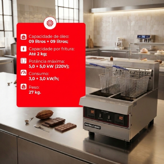 Fritador Zona Fria De Óleo Elétrico De Mesa Premium 220v Monofásico Duplo Foe 2 M DP PRM Metalcubas