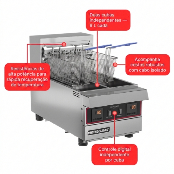 Fritador Zona Fria De Óleo Elétrico De Mesa Premium 220v Monofásico Duplo Foe 2 M DP PRM Metalcubas