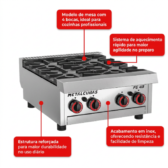 Fogão Premium Mesa FG 4 Bocas Inox Profissional 220v Metalcubas