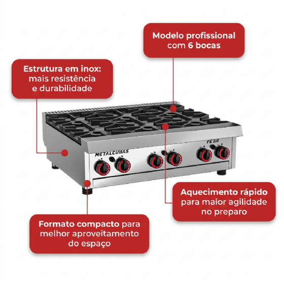 Fogão Premium Mesa FG 6 Bocas Inox Profissional 220v Metalcubas