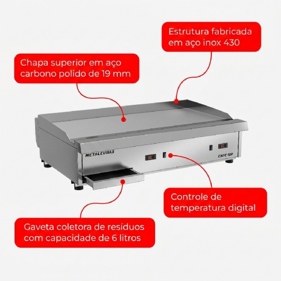 Chapa Bifeteira Premium 90 Cm Elétrica 380v CHPE 90 Metalcubas