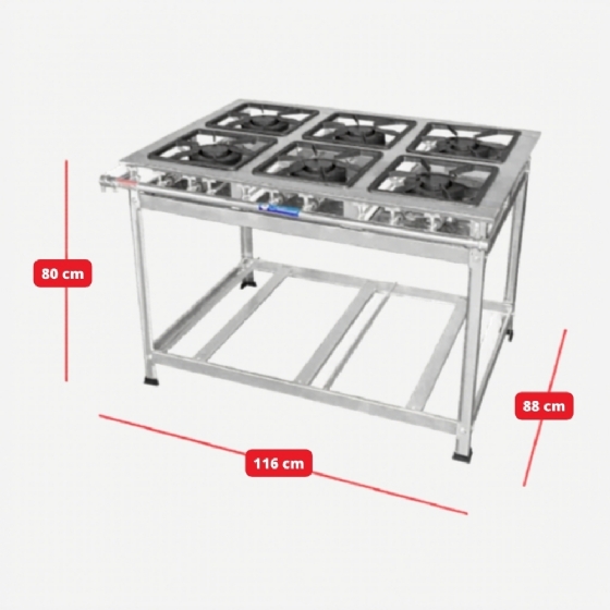 Fogão Industrial 6 Bocas Duplas 30 x 30 Perfil 7 Inox Baixa Pressão Tradicional MR Fogões