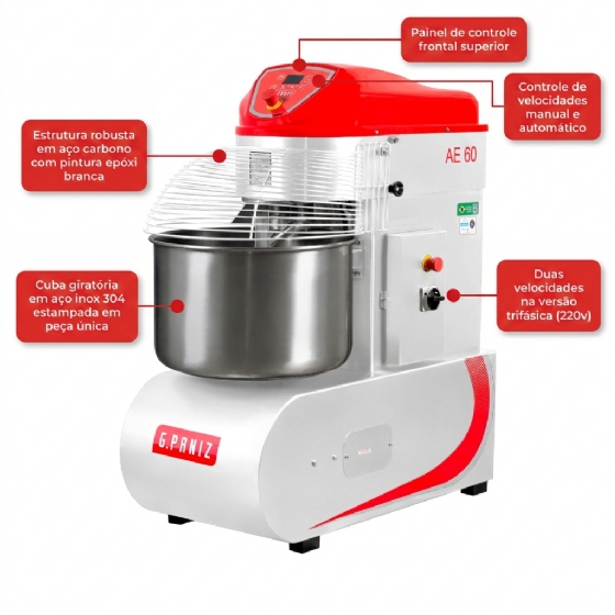 Amassadeira Espiral 2 Velocidades Epóxi 60 kg AE 60 G2 220v Trifásico G Paniz