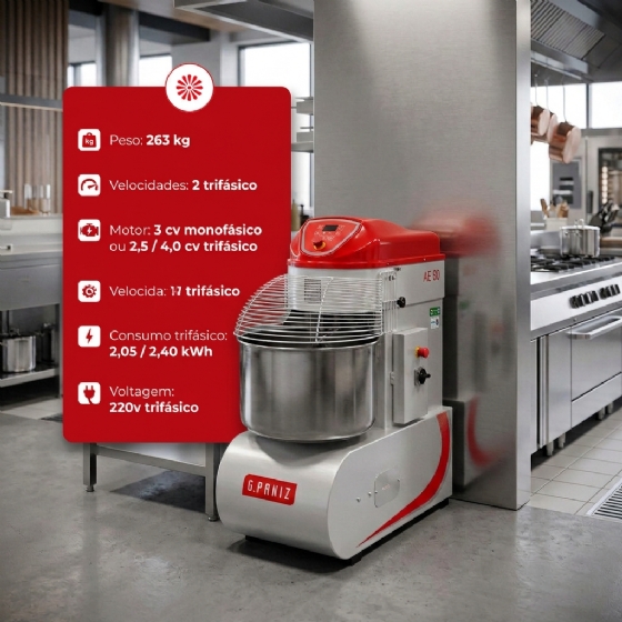 Amassadeira Espiral 2 Velocidades Epóxi 60 kg AE 60 G2 220v Trifásico G Paniz