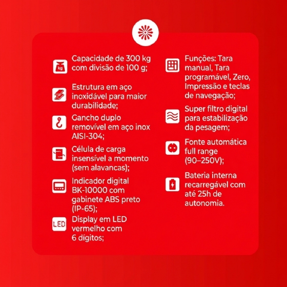Balança Digital Pesadora Tendal 300 kg BK-300TB com Bateria Bivolt Balmak