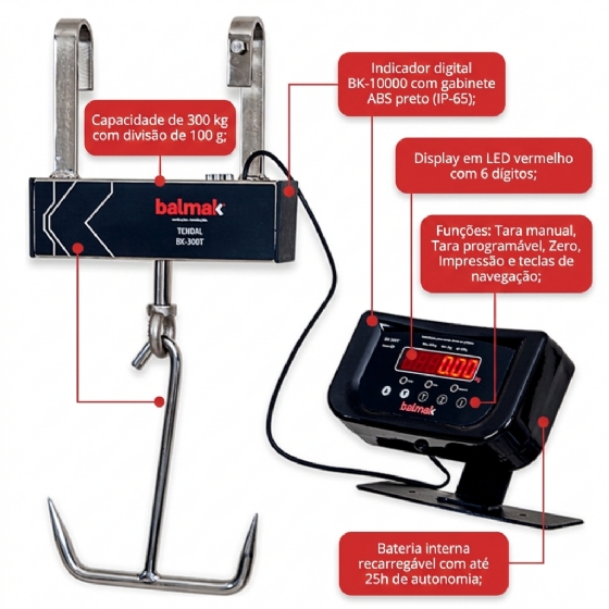 Balança Digital Pesadora Tendal 300 kg BK-300TB com Bateria Bivolt Balmak
