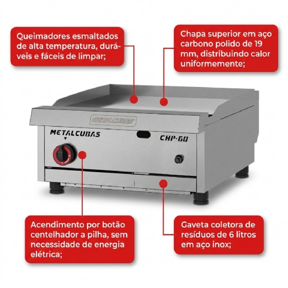 Chapa Bifeteira Premium a Gás 60 cm CHP 60 G2 Metalcubas