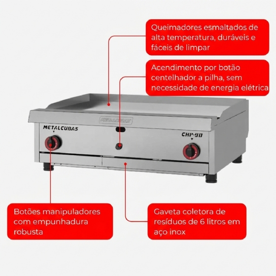 Chapa Bifeteira Premium a Gás 90 cm CHP 90 G2 Metalcubas