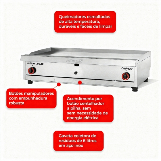 Chapa Bifeteira Premium a Gás 120 cm CHP 120 G2 Metalcubas