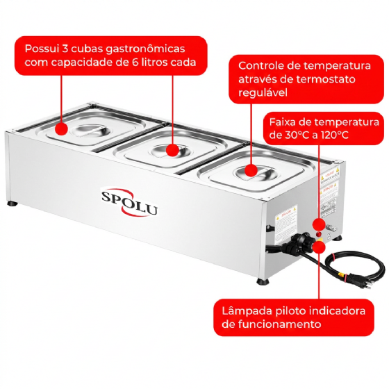 Rechaud Retangular Térmico em Inox 3 Cubas SPL-503 220v Spolu