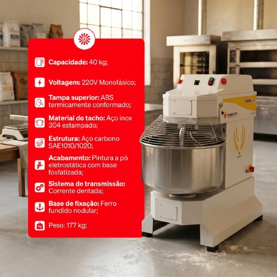 Amassadeira Espiral 2 velocidades 40kg VAEM40 220v Monofásica Venâncio