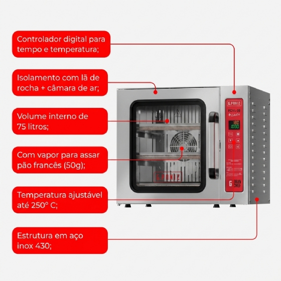 Forno Turbo de Convecção Com Vapor e Pedra Refratária FCVL 35 220v G Paniz