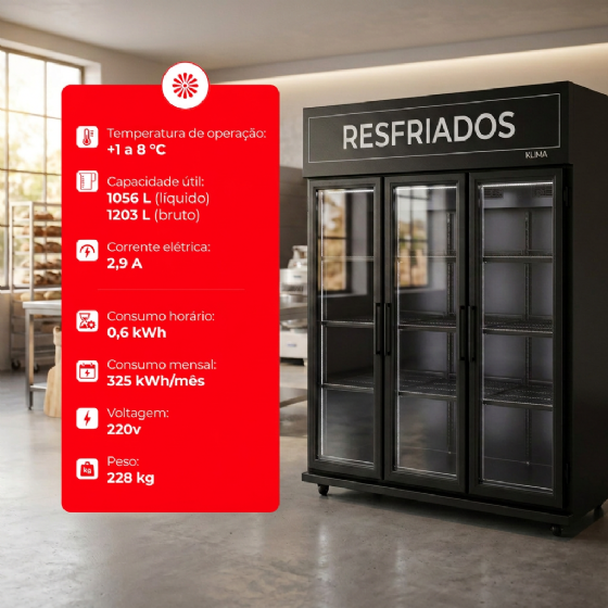 Expositor de Bebidas Frios e Laticínios 3 Portas Vidro 220v Klima