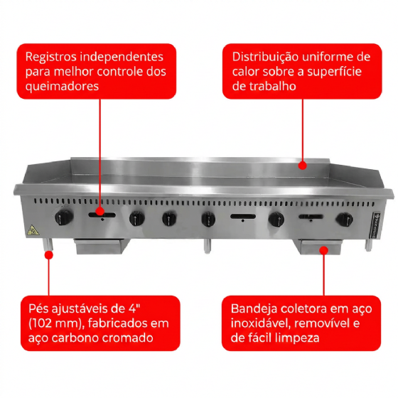 Chapa a Gás Manual 150 cm Mesa Prime Espessura 19.05mm PCM0150G-ME Venâncio