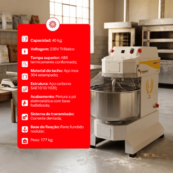 Amassadeira Espiral 2 velocidades 40kg VAEM40 Trifásica 220v Venâncio