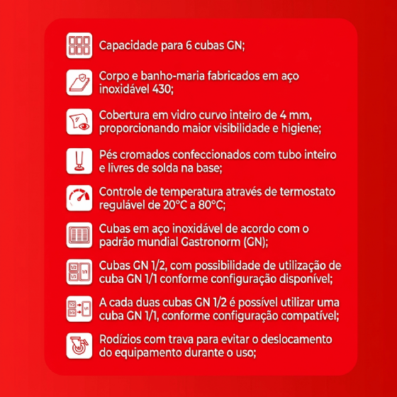 Buffet Estufa de Aquecimento Profissional Self Service Térmico 6 Cubas 220v EA6M Venâncio