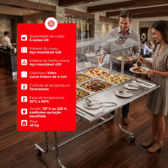 Buffet Estufa de Aquecimento Profissional Self Service Térmico 6 Cubas 220v EA6M Venâncio