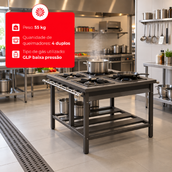 Fogão Industrial de Centro 4 Bocas Duplas 40x40 Baixa Pressão Metal Brey