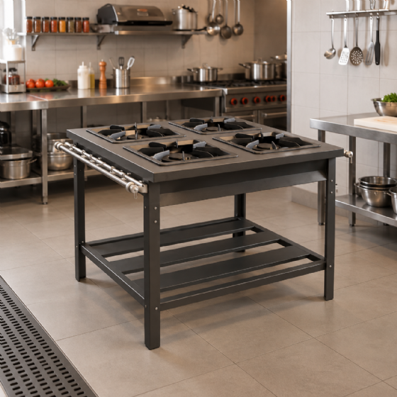 Fogão Industrial de Centro 4 Bocas Duplas 40x40 Baixa Pressão Metal Brey